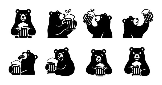 Set of 8 Black Bear Icons Holding Beer Mugs, Vector Illustrations for Pubs, Breweries, and Beverage Brands