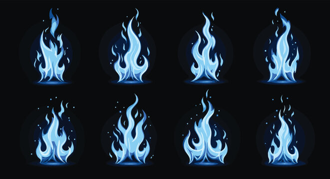 Eight different variations of blue spirit flames or mystical fire on a dark background for fantasy and magic themed game design or art.