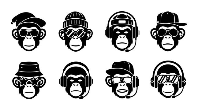 Chimpanzee Heads Vector Icons, Cool Monkey Faces with Sunglasses and Hats, Urban Streetwear Style, Animal Character Set