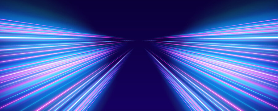 Blue neon arcs sweep across a transparent PNG in fluid motion. Soft sparks trace each curve. Ideal for cyberpunk banners and ads.