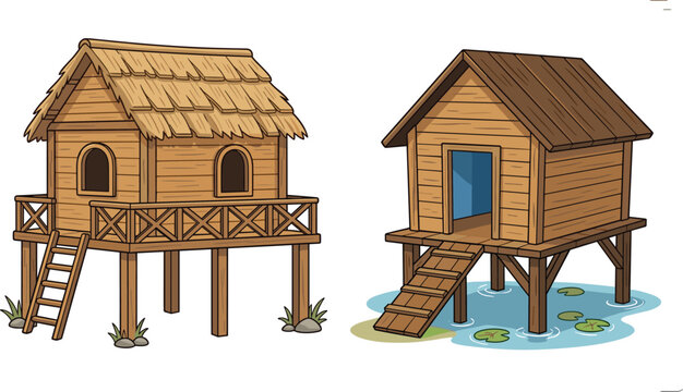 Vector Illustration of Wooden Stilt Houses with Thatch Roofs on Calm Water with Lily Pads