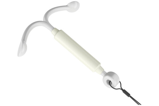 Hormonal Intrauterine Contraceptive Device. T-shaped IUD with removal strings, transparent background