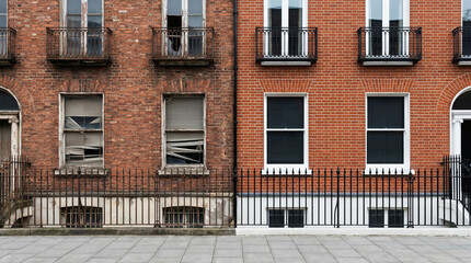 Naklejka premium Urban Brick Building Facade Before and After Renovation