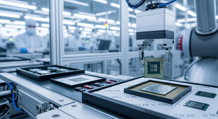 Fototapeta premium Semiconductor Chip Manufacturing Process with Robotic Arm in Cleanroom Factory