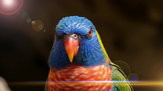 Close-up of a vibrant lorikeet with blue, orange, red, and yellow plumage