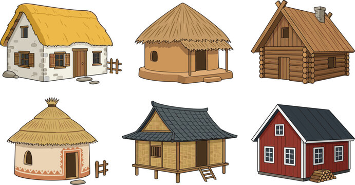 Traditional Village House Collection with Rustic Wooden Cabins and Rural Hut Designs for Architecture and Cultural Vector Illustrations