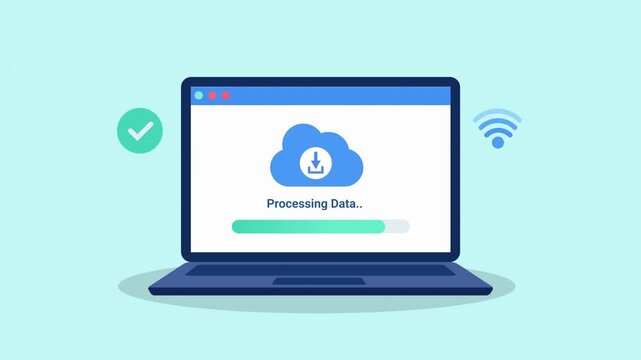 Animated flat illustration of a laptop displaying cloud data processing interface with connectivity and verification elements, representing secure digital workflow technology.