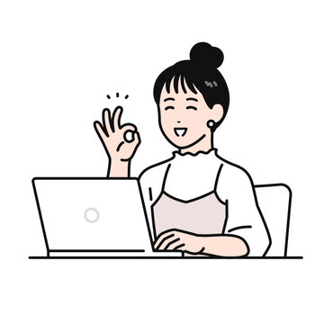 ノートパソコンの前でokサインをするまとめ髪の若い女性のシンプルなベクターイラスト素材