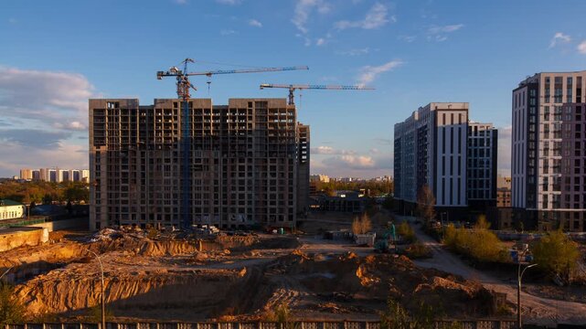 Modern Apartment Building Construction In Kyiv At Sunset