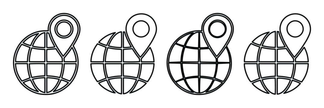 Minimalist globe location icons, world map pin vector set, global navigation symbols for web design