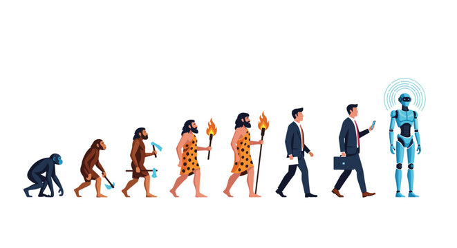 Illustration of human evolution stages from a primitive primate and caveman to a modern professional and a futuristic bionic robot.