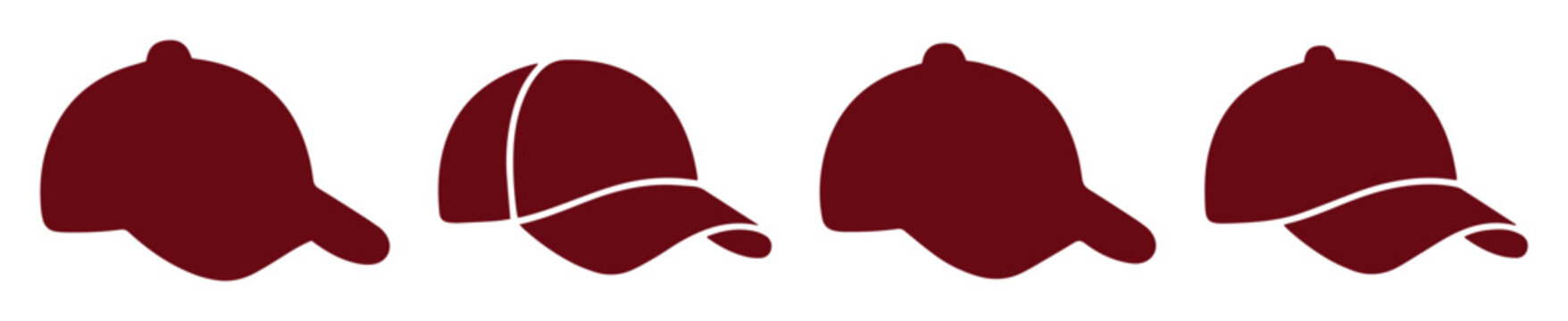 Maroon baseball cap icons, burgundy hat vector set, 4 sports headwear silhouettes for branding