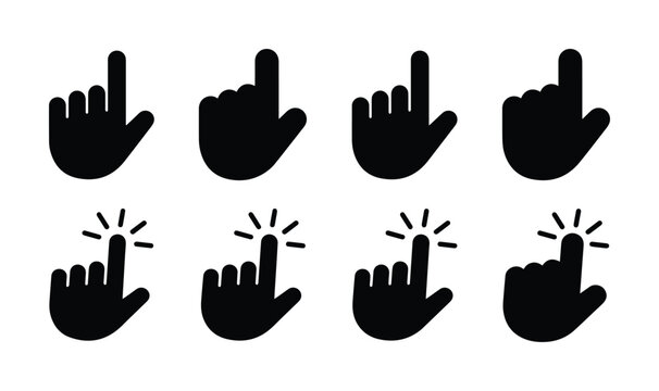 Minimalist hand cursor icons, black clicking finger pointers, set of 8 vector UI elements