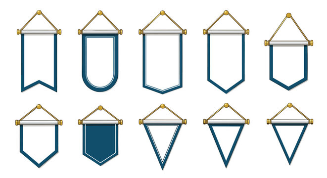 Set of blank medieval and heraldic banners in various shapes with blue borders hanging from gold-tipped poles.