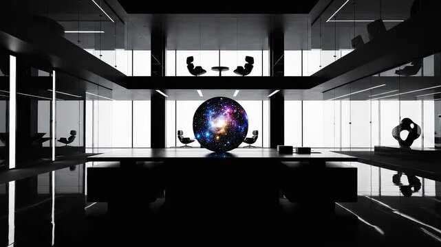 Modern glass office interior with mezzanine seating and a glowing galaxy sphere centerpiece, minimalist black and white architecture, futuristic corporate concept