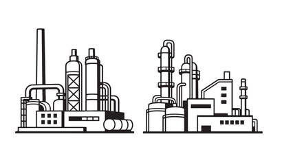Fototapeta premium Stylized Industrial Facilities Depicted in Clear Black Line Art, Showcasing Multiple Buildings, Tall Chimneys, and Complex Piping Systems Representing Factory Operations and Energy Production