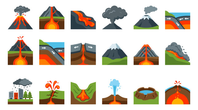Volcano Eruption Icons Set.