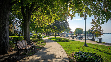 Fototapeta premium Scenic Waterfront Park Pathway with Benches Trees and Relaxing Urban Green Space.