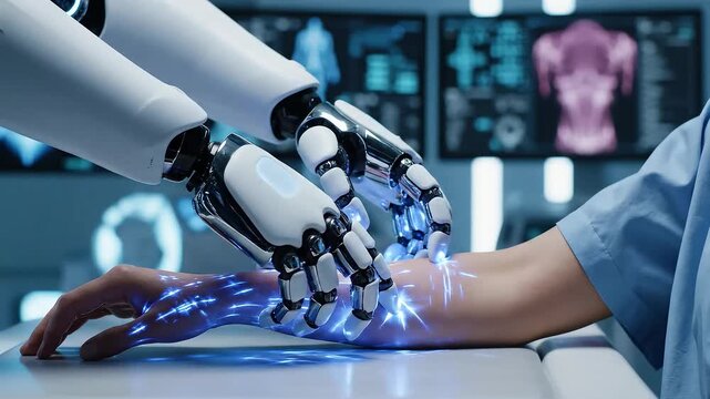 Robotic medical assistant performing a diagnostic or treatment scan on a patient's forearm in a high-tech clinical setting
