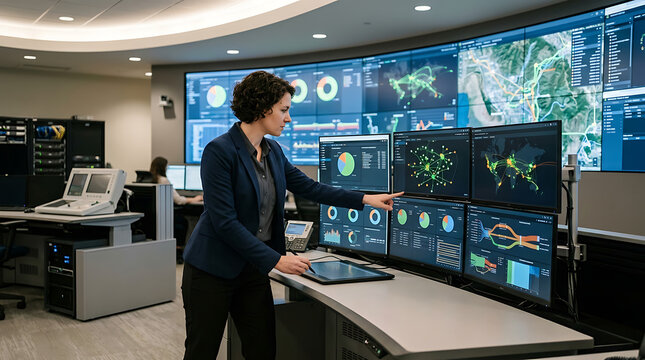 Female industrial cybersecurity resilience manager supervising critical infrastructure defense systems inside secure utility network operations center for operational analytics and cyber workflow mana