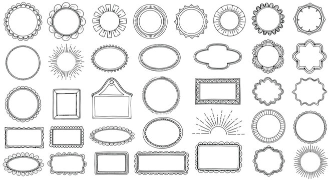 Collection of hand drawn sketch frames and decorative borders in various shapes like circles rectangles and ovals.