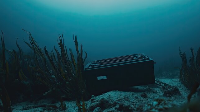 Deep ocean seafloor with a submerged black box data recorder resting on sand among swaying seaweed and coral, evoking mystery, isolation, and scientific discovery