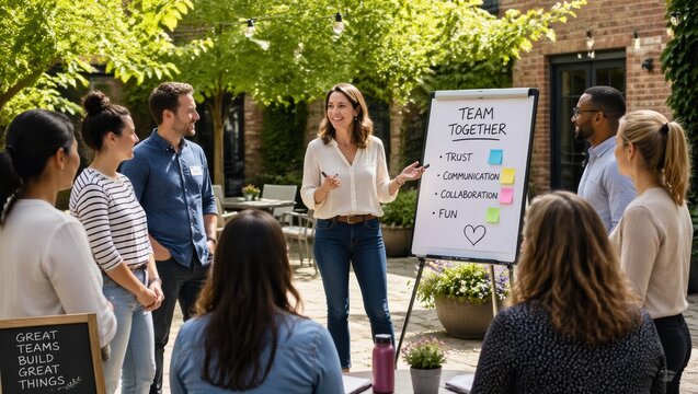 Professional female leader facilitating a successful team building session in a bright outdoor courtyard, diverse employees enjoying collaborative exercises during a sunny spring afternoon.