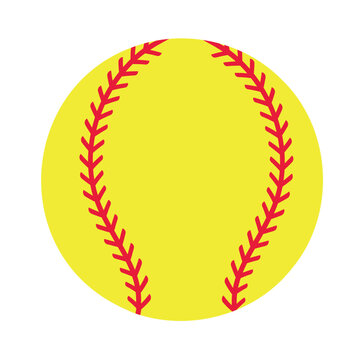 Silhouette of classic yellow softball  ball with red stitching isolated background. Baseball ball icon. Vector.
