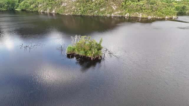 Aerial view of a tiny green island in the middle of a calm lake