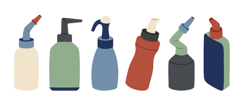 Nasal Irrigation Sinus Rinse Bottles Set, Medical Saline Rinse Squeeze Bottles, Healthcare Allergy Relief Treatment Equipment, Daily Nasal Cleaning Tool, Flat Design Vector Illustration Collection