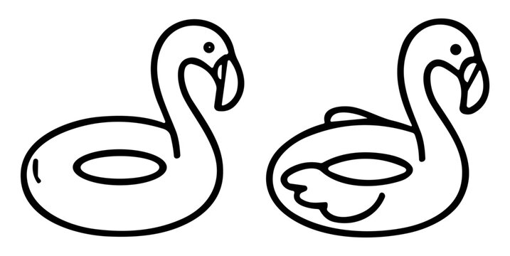 Flamingo pool float outline vector icon set with summer beach vacation symbols on transparent background