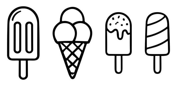 Ice cream and popsicle outline vector icon set with summer dessert symbols on transparent background