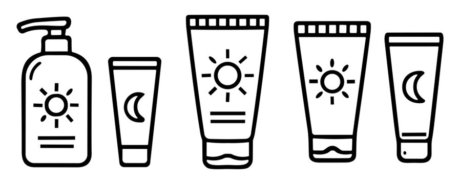 Sunscreen lotion and skincare tube outline vector icon set on transparent background