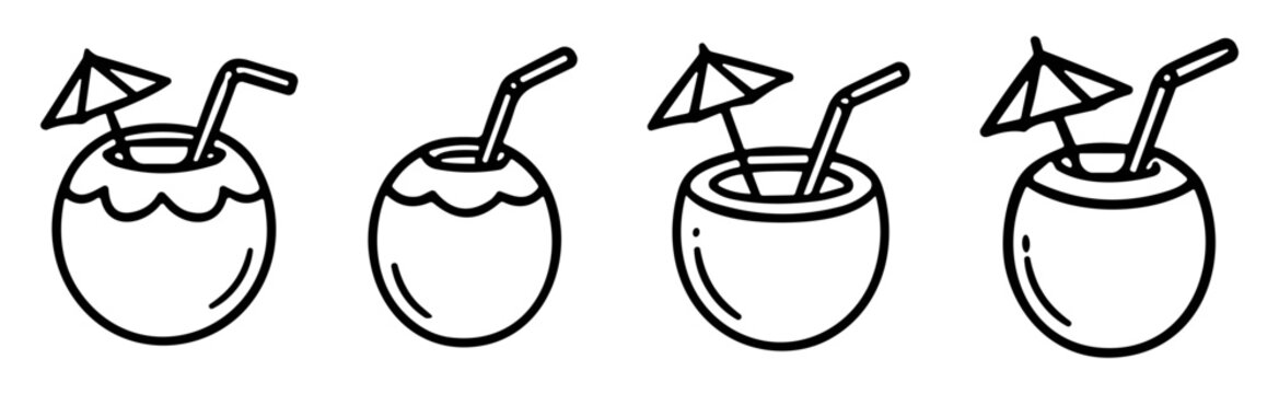 Tropical coconut drink outline vector icon set with summer beach beverage symbols on transparent background