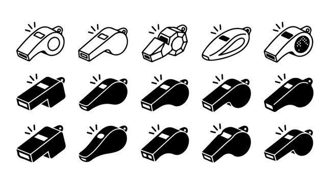 Whistle Vector Illustration | Black and White Sports Icons with Sound Lines | Editable Graphic for Coaching, Referee, Alert, and Game Design Projects