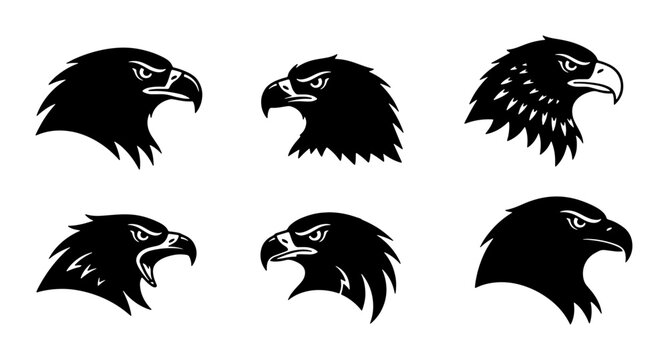 Six Black Eagle Head Silhouettes, Fierce Bird of Prey Icons, Majestic Raptor Profile Vector Graphics, Powerful Wildlife Symbol Collection
