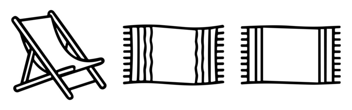 Beach chair and towel outline vector icon set with summer vacation symbols on transparent background