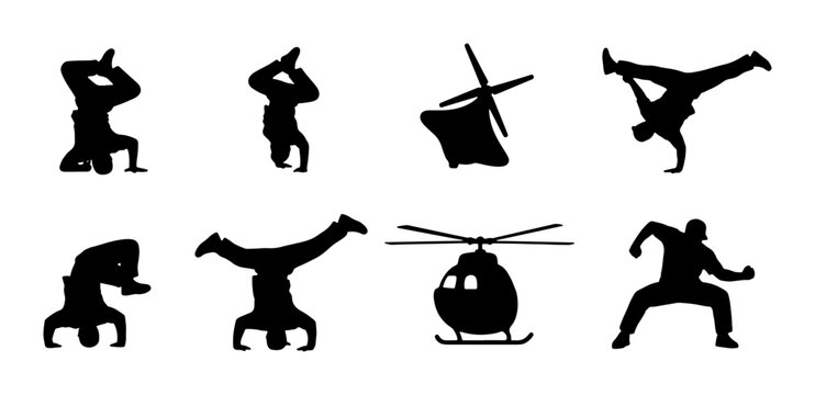 Dynamic Breakdancing Silhouettes, Helicopter Icons, Action Poses, Vector Set for Sports, Dance, and Aviation Themes