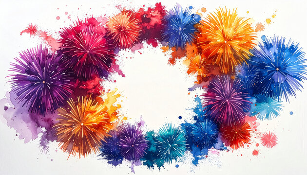 Colorful watercolor fireworks arranged in a circular festive frame with central copy space, vibrant celebration background for holidays