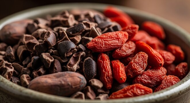 Bowl of healthy superfood mix with cacao nibs and dried goji berries