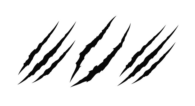 Three sets of black animal claw scratch marks with sharp jagged edges creating a predatory or monstrous effect on white background.