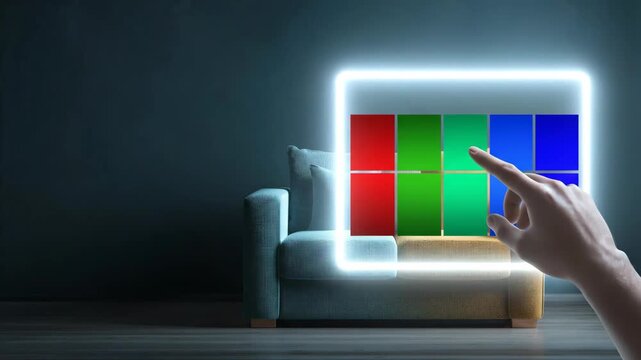Woman interacting with holographic smart home interface in living room. Futuristic wall control system showing digital menu for automation and house configuration.