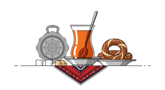 Traditional Turkish Tea with Simit and Decorative Elements
