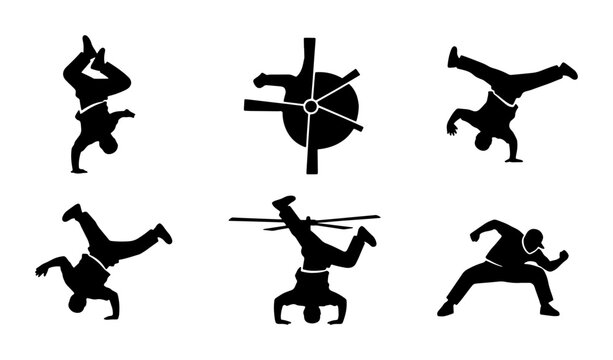 Breakdancing Silhouette Icons, Dynamic B-Boy Poses, Urban Street Dance Moves, Vector Graphic Set