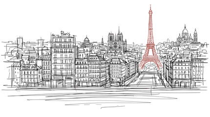 Fototapeta premium A detailed sketch of the Paris skyline, featuring the iconic Eiffel Tower, Notre Dame Cathedral, and other Parisian buildings.