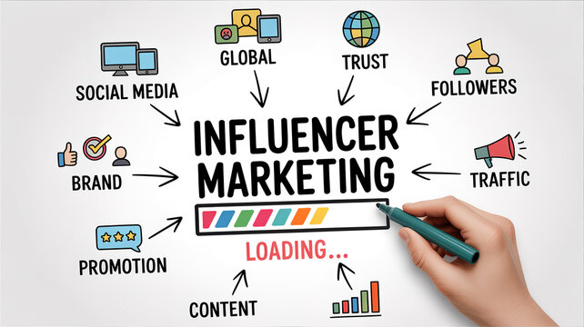 Hand drawing colorful progress bar under influencer marketing concept with interconnected icons for social media brand promotion global reach trust followers content and traffic