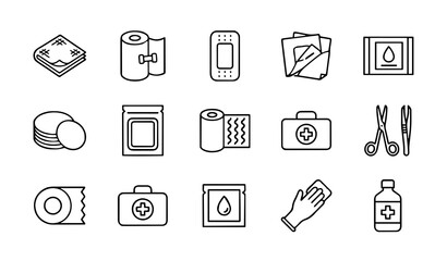 Fototapeta premium Sterile Gauze and Wound Dressing Icon Set: Minimalist Outline Illustrations for First Aid Kits, Medical Supplies, Wound Care Management, and Surgical Prep Symbols