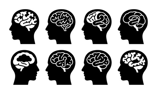 Brain Silhouette Icons Set, Human Head Outline with Neural Network, Cognitive Function and Mind Concept Vector Graphics