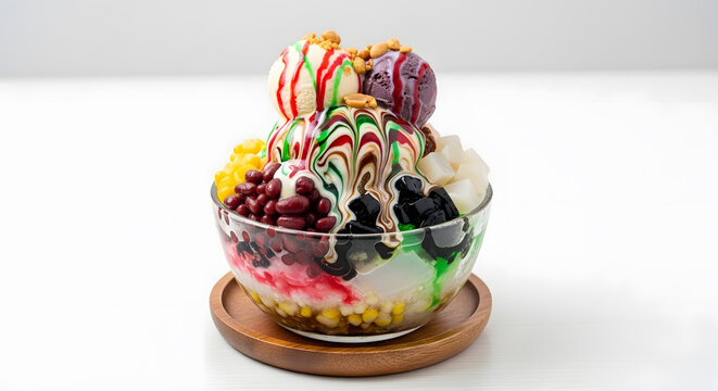 Ais kacang, Malaysian fresh shaved ice dessert with various sweet toppings and ice cream scoops drenched in colorful sauce in a glass bowl against white background