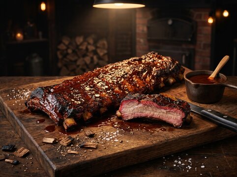 Full rack of St Louis style BBQ pork ribs on wooden cutting board